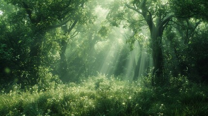 Obraz premium A lush green forest background with sunlight filtering through the trees, evoking a sense of tranquility and nature