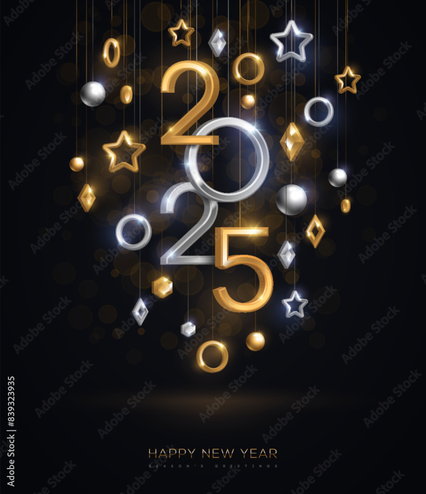 Wall mural christmas new year banner with hanging gold and silver 3d baubles and 2025 numbers on black backgrou