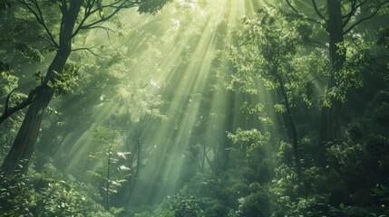 Obraz premium A lush green forest background with sunlight filtering through the trees, evoking a sense of tranquility and nature