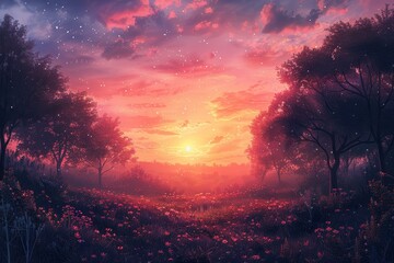 Fototapeta premium Tranquil meadow filled with flowers under a sky awash in shades of pink and purple as the sun sets, evoking calmness