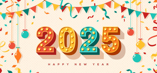 Merry Christmas Happy New year 2025 card invitation, typography design. Vector illustration. Retro light bulbs font, streamers, confetti and hanging flag garlands. Flyer, poster voucher template.