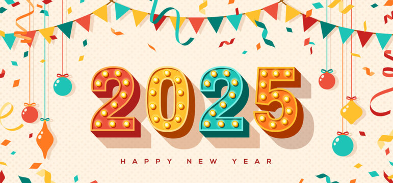 Merry Christmas Happy New year 2025 card invitation, typography design. Vector illustration. Retro light bulbs font, streamers, confetti and hanging flag garlands. Flyer, poster voucher template.