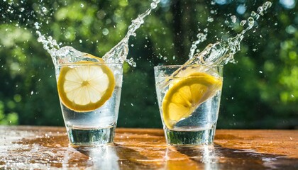 Splashing lemon slices into two glasses of water.