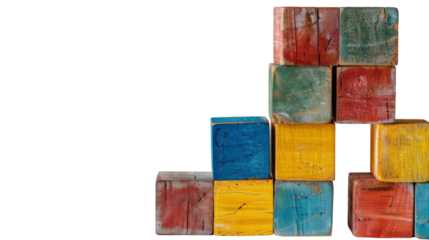 A stack of colorful wooden blocks against a white background