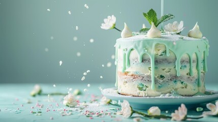 A pastel mint birthday cake with delicate mint leaves and frosting, set against a soft mint background being poured to create a fresh and calming scene.
