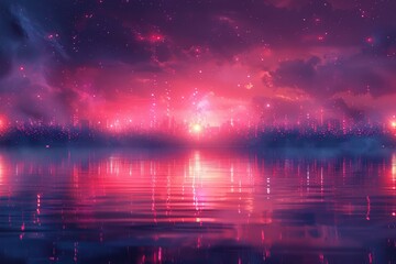 Obraz premium A stunning, surreal cityscape reflection with a pink, star-filled sky above tranquil waters