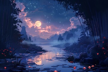 Obraz premium Tranquil scene of moonlight reflecting on calm waters surrounded by flowers and foliage in an ethereal setting