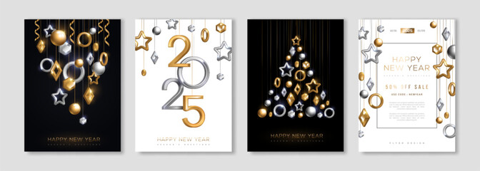 Merry Christmas and New Year posters set with gold and silver bauble, 2025 numbers. Vector illustration. Winter holiday invite, geometric decorations. Minimal flyer, brochure voucher template.