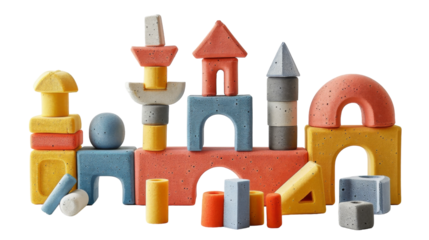 Colorful foam building blocks are stacked into a castle for kids to play with