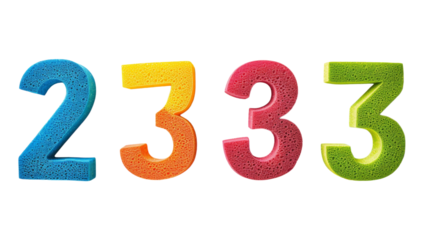 Four colorful numbers, two and three, made of sponge material