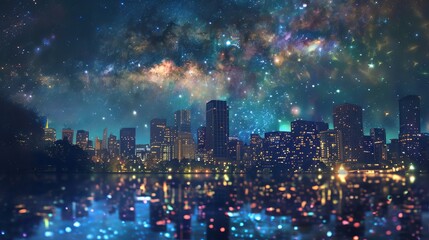 Fototapeta premium A mesmerizing combination of a starry night sky and a vibrant cityscape, with twinkling stars and city lights blending together, creating a dreamy effect, multiple exposures