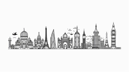 Fototapeta premium A minimalist line art representation of famous landmarks from around the world, arranged in a cohesive composition