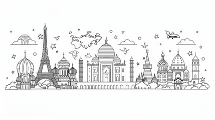 Fototapeta premium A minimalist line art representation of famous landmarks from around the world, arranged in a cohesive composition