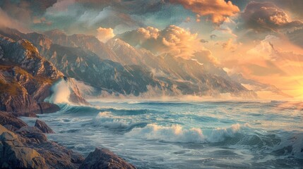 Naklejka premium A striking composition of a serene seascape layered with towering mountain peaks, waves crashing against the rocky shore and mountains fading into the horizon, bathed in golden hour light, multiple ex