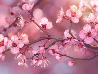 Blooming Pink Cherry Blossom Branch in Full Springtime Splendor