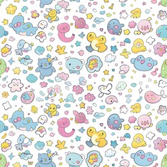 Seamless pattern in children's fantasy style in pastel children's colours, depicts fantasy creatures, Kind children's design,for children's textiles