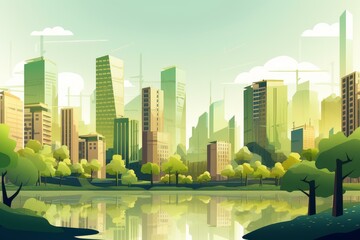 Obraz premium Vector illustration of a tranquil city park with modern skyline and reflection in water