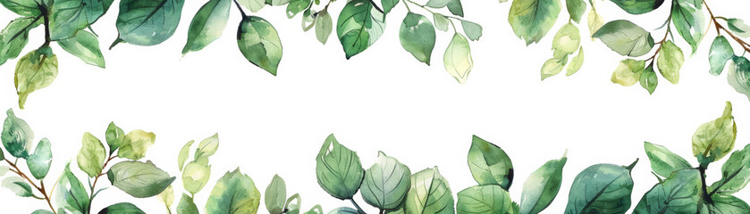 Naklejka premium Elegant watercolor border of lush green leaves on a white background, perfect for nature-themed designs and invitations.