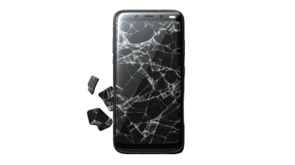 A smartphone with a shattered screen isolated on a white background