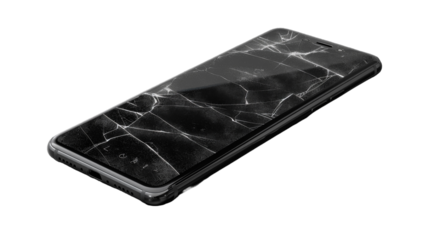 A black smartphone with a cracked screen is isolated on a white background