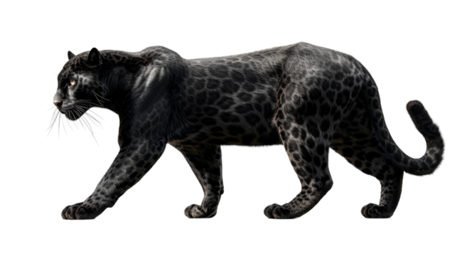 A black panther walks across a white background