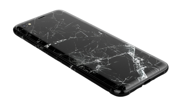 A black smartphone with a cracked screen