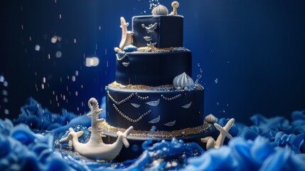 A navy blue birthday cake with nautical decorations, in front of a deep blue background being poured to create a maritime and sophisticated scene.