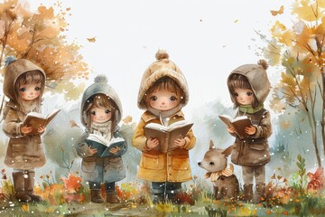 An enchanting scene of kids engrossed in books surrounded by autumn leaves, with a curious fox nearby