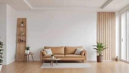 Fototapeta premium The frame mockup and living room wall mockup are bright tones with a leather sofa and armchair. 3D render