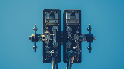 A double-pole switch with dual control levers, mounted on a solid sky blue background, illustrating its ability to control two separate circuits simultaneously for added versatility.