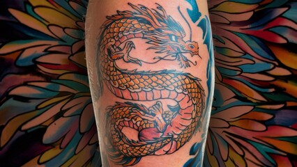 A tattoo of a dragon is on the arm of someone, AI