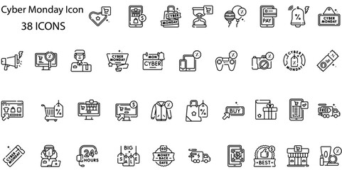Set of Cyber Monday Icons. Simple line art style icons pack. Vector illustration

