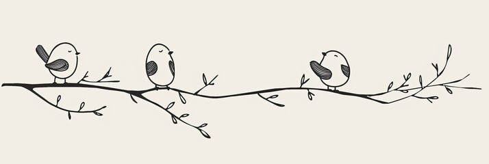 Minimalist line drawings of cute birds on branches, set against a light background