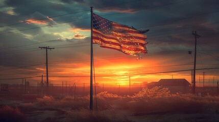 Old tattered American flag waving in the wind at sunset with dramatic sky and power lines in background
