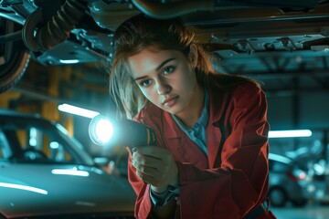 Professional Female Mechanic Inspecting Car Undercarriage with Flashlight in High-Tech Garage