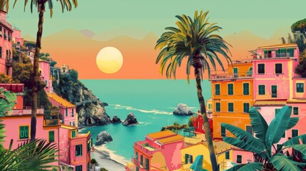 A vivid sunset scene featuring colorful buildings, lush palm trees, and a serene ocean view.