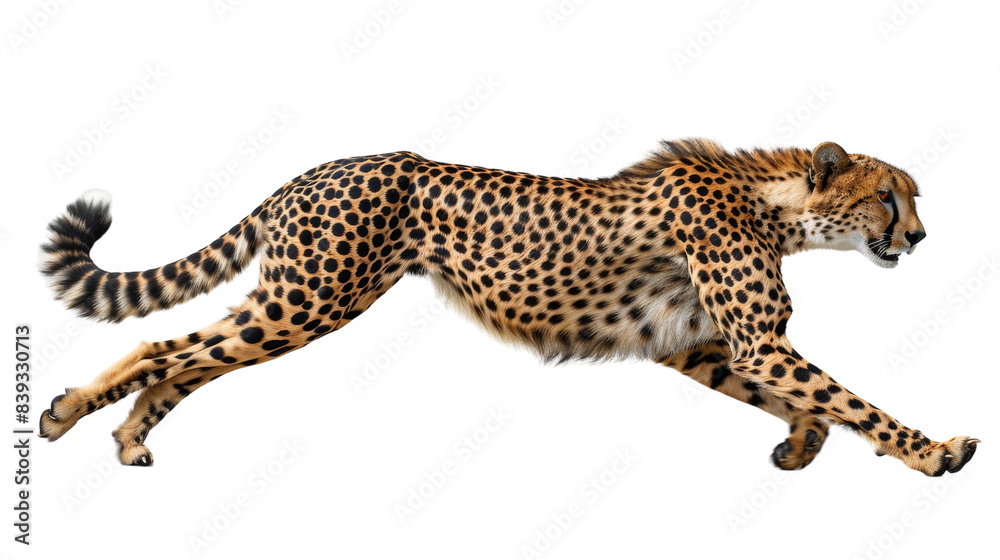 Wall mural a cheetah runs at full speed, its legs stretched out, against a white background