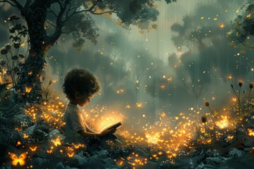 A digital artwork of a child immersed in reading a book, surrounded by a magical, glowing forest and fireflies