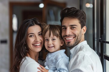 Happy Family Leaving Dental Clinic: Child's Successful Checkup, Smiling Parents Relieved