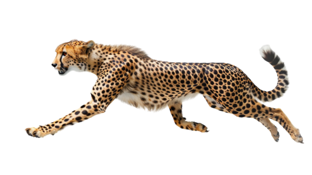 A cheetah running in mid-air with a white background