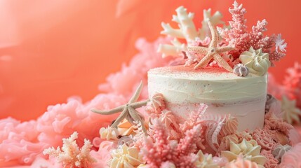 A soft coral birthday cake with sea-inspired decorations, set against a vibrant coral background being poured to create a tropical and beachy feel.