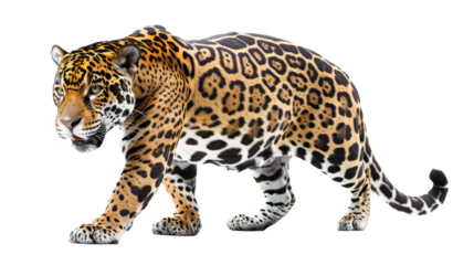 A jaguar walks forward with its head turned slightly to the side