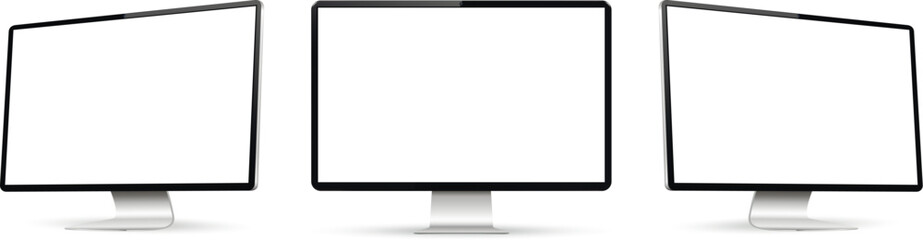 Three monitor with empty display, realistic set device screen mockup