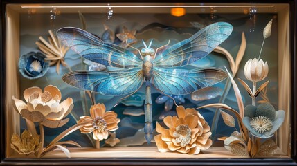 Beautiful handcrafted diorama featuring a vibrant blue dragonfly surrounded by intricate flowers, showcasing stunning art and craftsmanship.