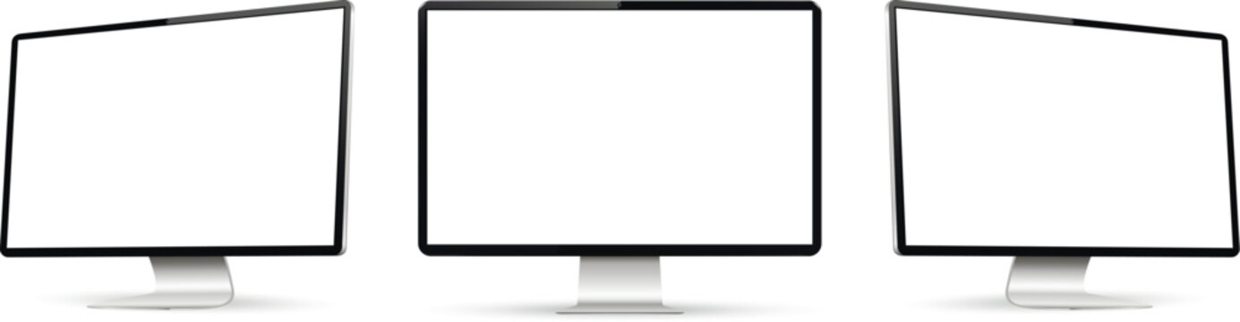 Three monitor with empty display, realistic set device screen mockup