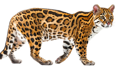 Obraz premium A spotted ocelot walks on a white background