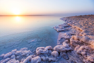 Salt of the Dead Sea. Jordan sunset landscape