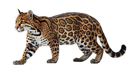 Obraz premium A close-up photo of an ocelot walking on a white background