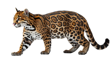 A close-up photo of an ocelot walking on a white background