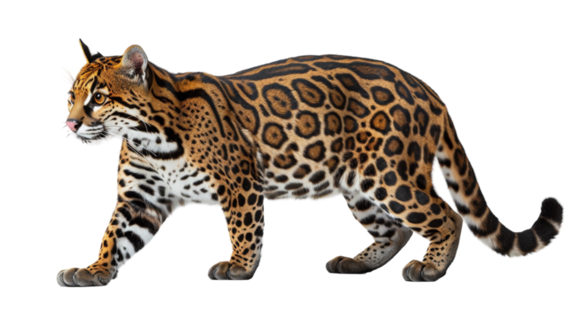 A close-up photo of an ocelot walking on a white background